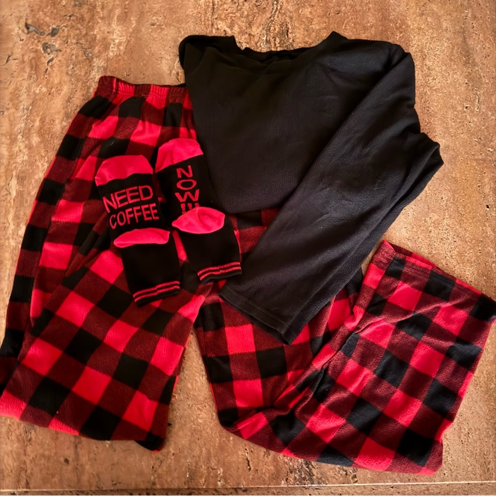 Just Love Buffalo Plaid Black Red 3 Pc Long Sleeve Pant Sock Pajama Set Women XL